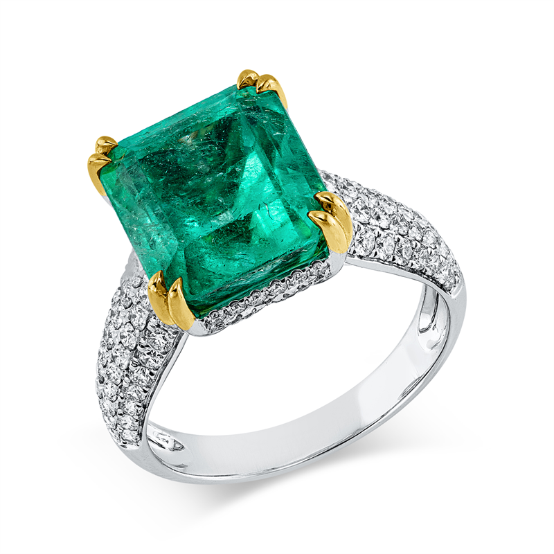 Ring 18 kt WG+GG, 114 Brill. 0,89 ct, F-si, 1 Smaragd 6,53 ct grün