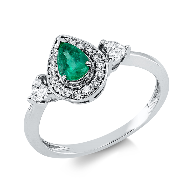 Ring 18 kt WG, 2 Herzschl. 0,21 ct, F-si, 16 Brill. 0,12 ct, F-si, 1 Smaragd 0,52 ct grün