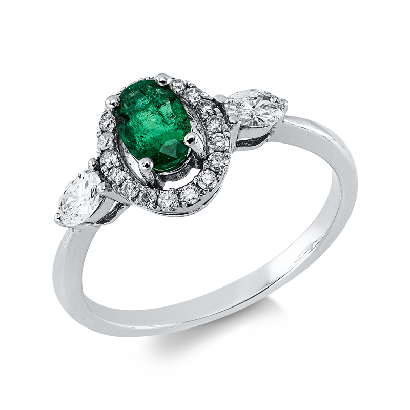 Ring 18 kt WG, 2 Oval 0,24 ct, F-si, 18 Brill. 0,13 ct, F-si, 1 Smaragd 0,44 ct grün