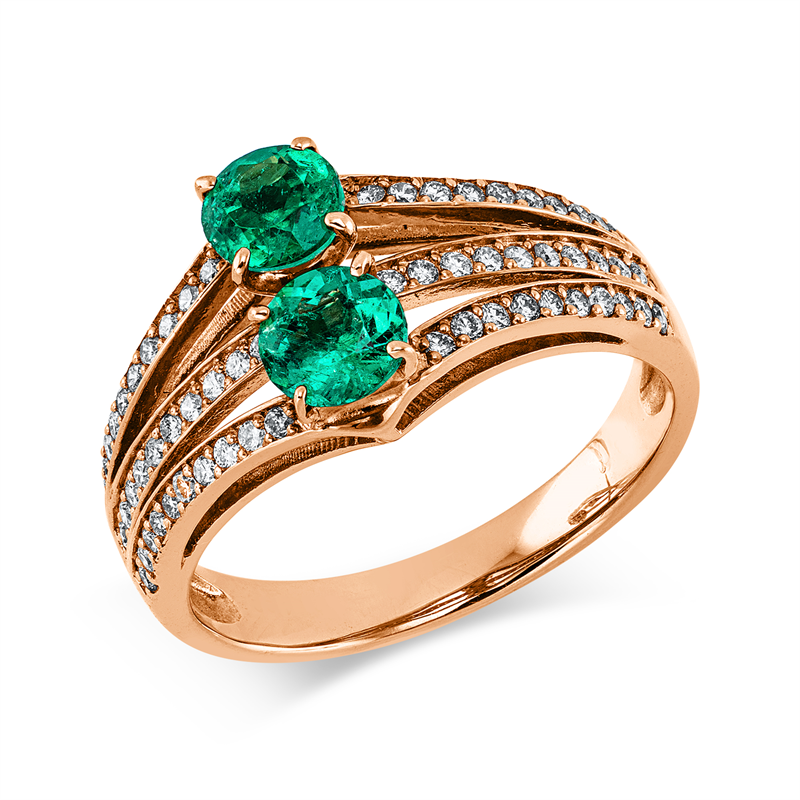 Ring 18 kt RG, 63 Brill. 0,49 ct, F-vsi, 2 Smaragde 0,68 ct grün