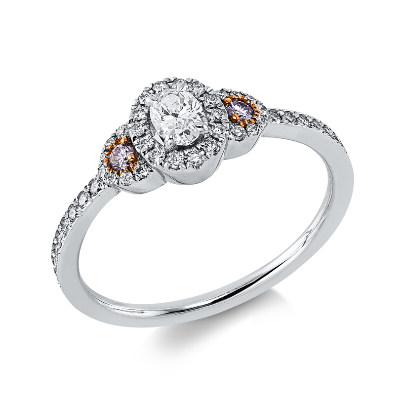 Ring 18 kt WG+RG, 2 Brill. 0,06 ct, pink-si, 1 Oval 0,18 ct, TW-si, 44 Brill. 0,21 ct, TW-si