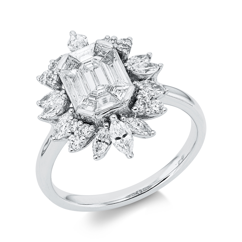 Ring 18 kt WG, 12 Nav. 0,59 ct, TW-si, 9 Fant-Schl. 0,52 ct, TW-si, 12 Brill. 0,18 ct, TW-si