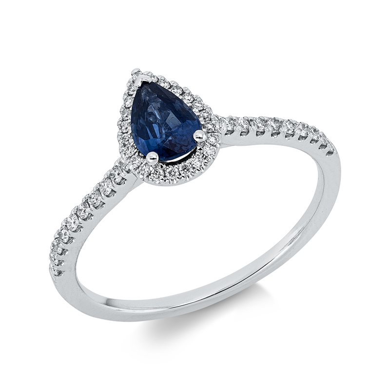 Ring 18 kt WG, 42 Brill. 0,16 ct, TW-vsi/si, 1 Saphir 0,52 ct blau