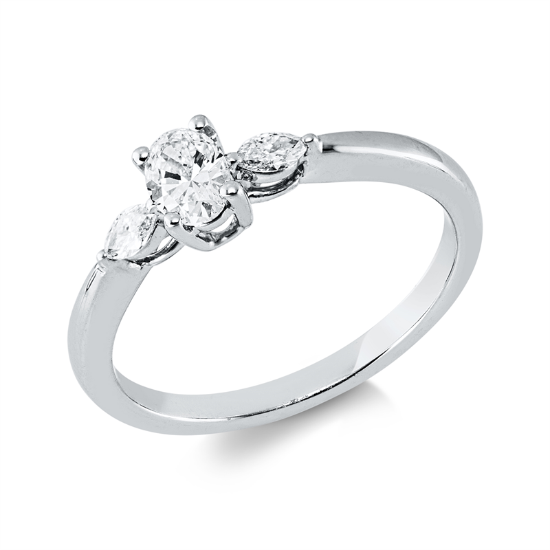 Ring 18 kt WG, 1 Oval 0,27 ct, TW-vsi/si, 2 Nav. 0,11 ct, TW-vsi/si