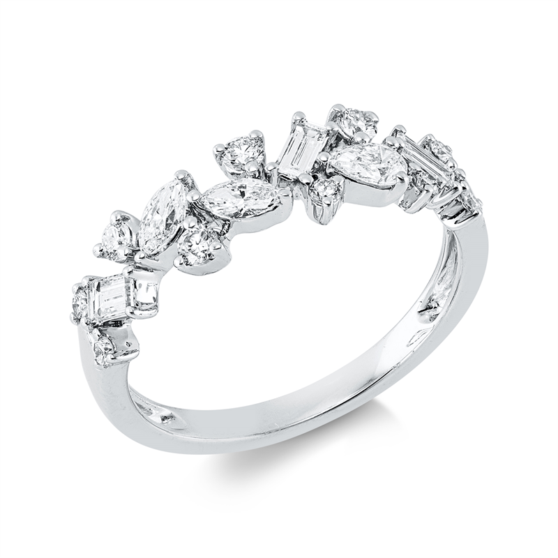 Ring 18 kt WG, 1 Tropfen 0,10 ct, 3 Bag. 0,18 ct, 2 Nav. 0,13 ct, 10 Brill. 0,20 ct, TW-vsi/si