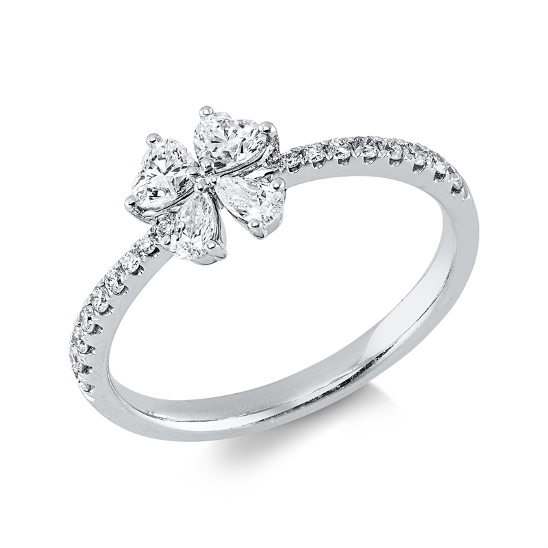 Ring 18 kt WG, 2 Herzschl. 0,26 ct, TW-vsi/si, 2 Tropfen 0,11 ct, TW-vsi/si, 17 Brill. 0,14 ct, TW-vsi/si