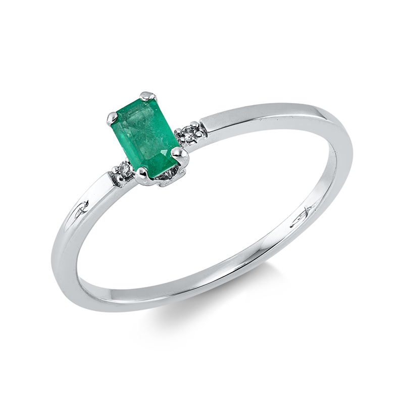 Ring 18 kt WG, 2 Dia. 0,01 ct, TW-si, 1 Smaragd 0,30 ct grün