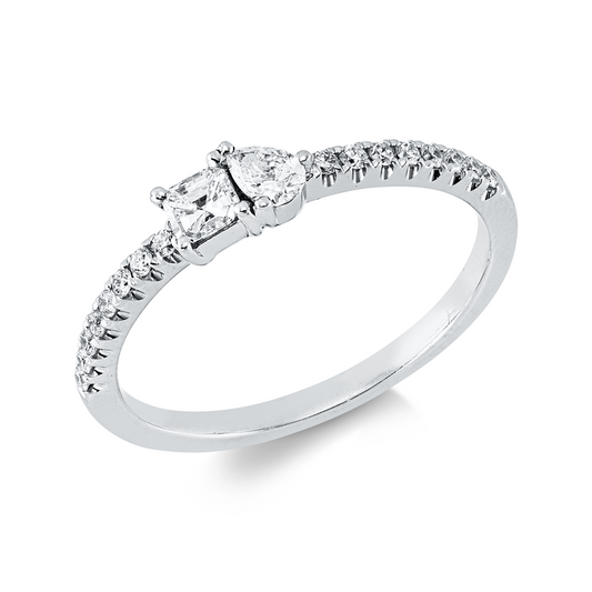 Ring 18 kt WG, 1 Tropfen 0,07 ct, TW-vsi/si, 1 Assher 0,12 ct, TW-vsi/si, 16 Brill. 0,10 ct, TW-vsi/si