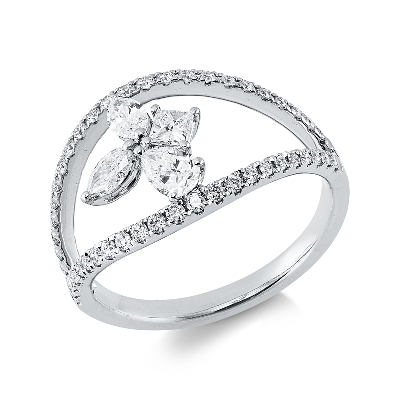 Ring 18 kt WG, 2 Nav. 0,19 ct, 1 Princ. 0,10 ct, 1 Tropfen 0,16 ct, 46 Brill. 0,27 ct, TW-vsi/si
