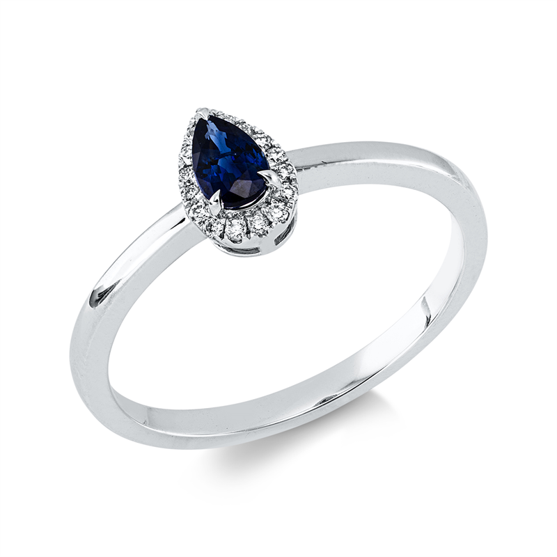 Ring 18 kt WG, 16 Brill. 0,07 ct, W-si, 1 Saphir 0,28 ct blau