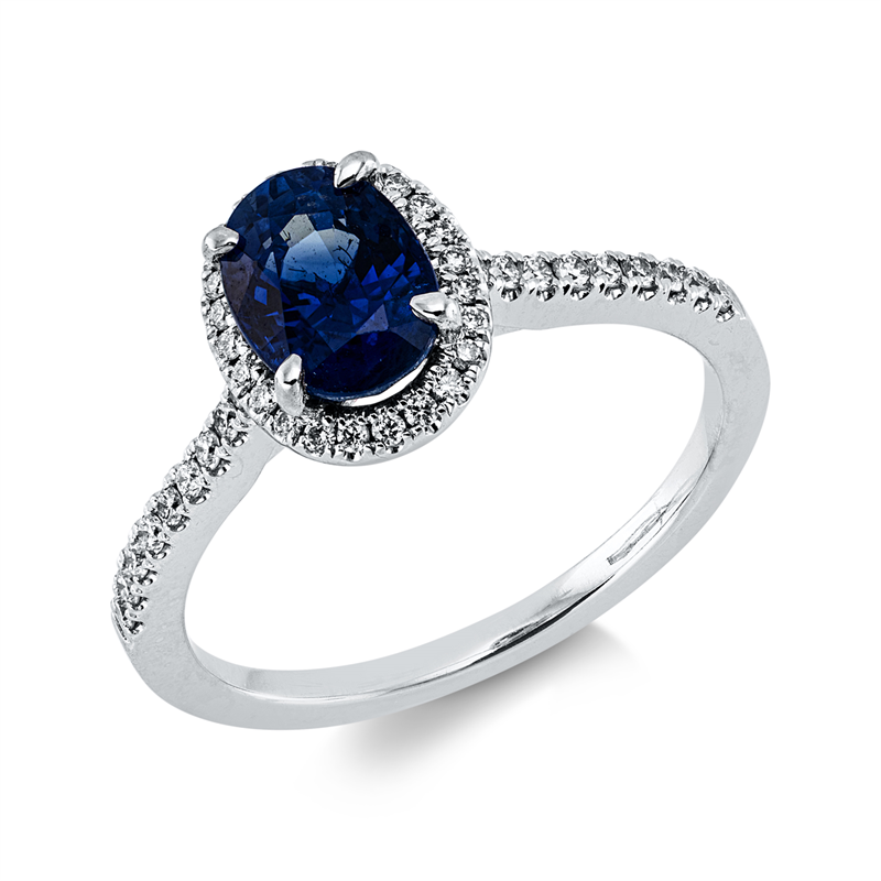 Ring 18 kt WG, 42 Brill. 0,20 ct, TW-vsi/si, 1 Saphir 1,67 ct blau