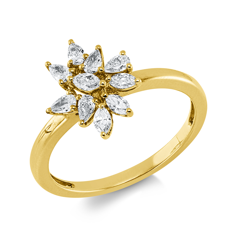 Ring 18 kt GG, 1 Nav. 0,05 ct, TW-vsi, 6 Tropfen 0,23 ct, TW-vsi, 3 Nav. 0,11 ct, TW-vsi