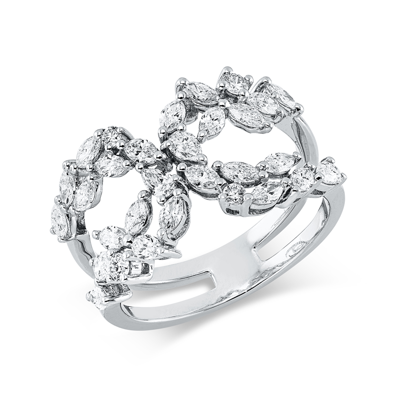 Ring 18 kt WG, 4 Brill. 0,10 ct, 20 Nav. 0,68 ct-vsi, 6 Tropfen 0,28 ct, TW-vsi, 20 Nav. 0,68 ct