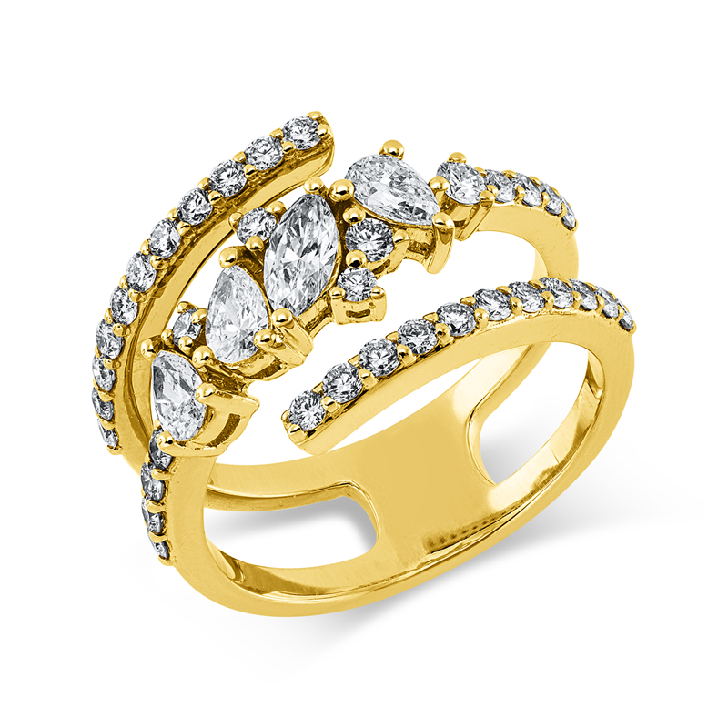 Ring 18 kt GG, 3 Tropfen 0,38 ct, TW-vsi, 1 Nav. 0,18 ct, TW-vsi, 35 Brill. 0,61 ct, TW-si