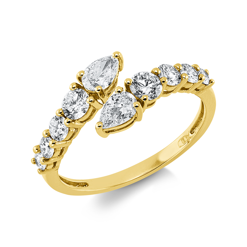 Ring 18 kt GG, 2 Tropfen 0,37 ct, TW-vsi, 8 Brill. 0,58 ct, TW-si