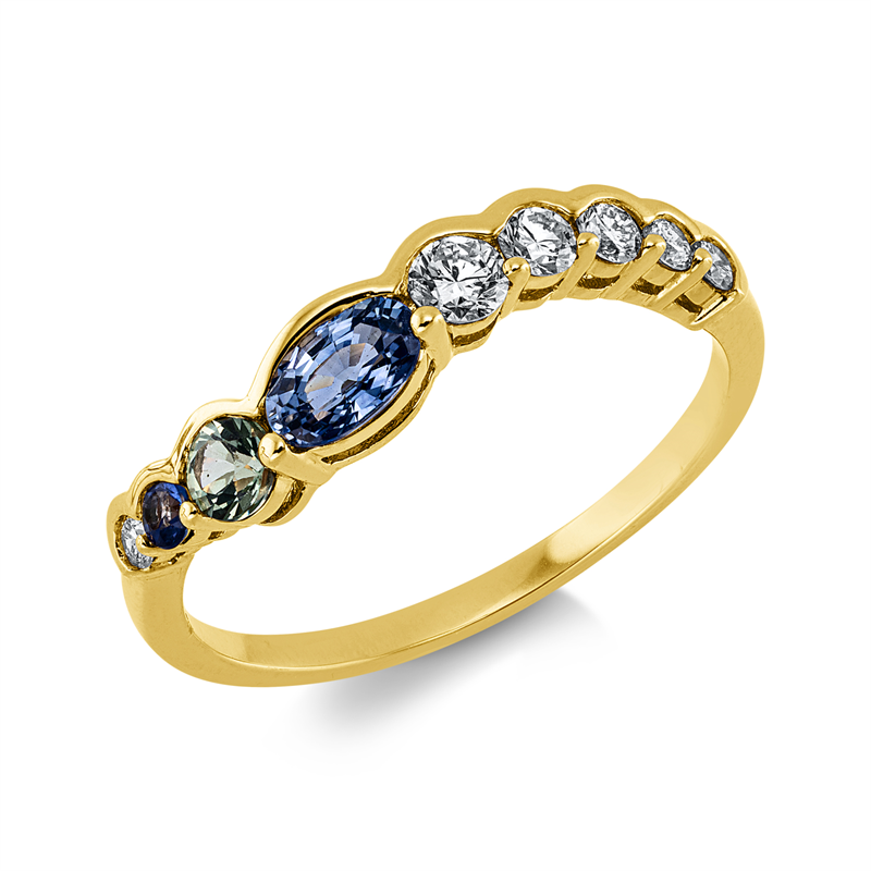 Ring 18 kt GG, 6 Brill. 0,22 ct, TW-si, 1 Saphir 0,15 ct grün, 1 Saphir 0,34 ct blau, 1 Saphir 0,04 ct blau