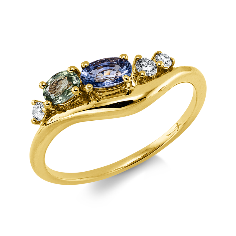 Ring 18 kt GG, 3 Brill. 0,08 ct, TW-si, 1 Saphir 0,33 ct blau, 1 Saphir 0,25 ct grün