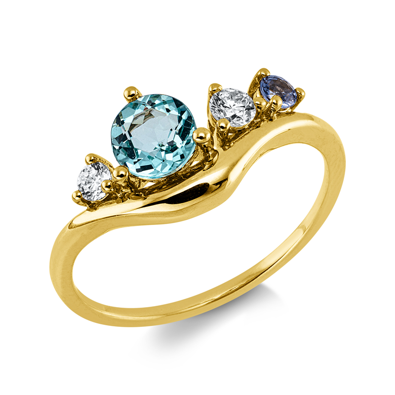 Ring 18 kt GG, 2 Brill. 0,13 ct, TW-si, 1 Apatite 0,53 ct blau, 1 Saphir 0,06 ct blau