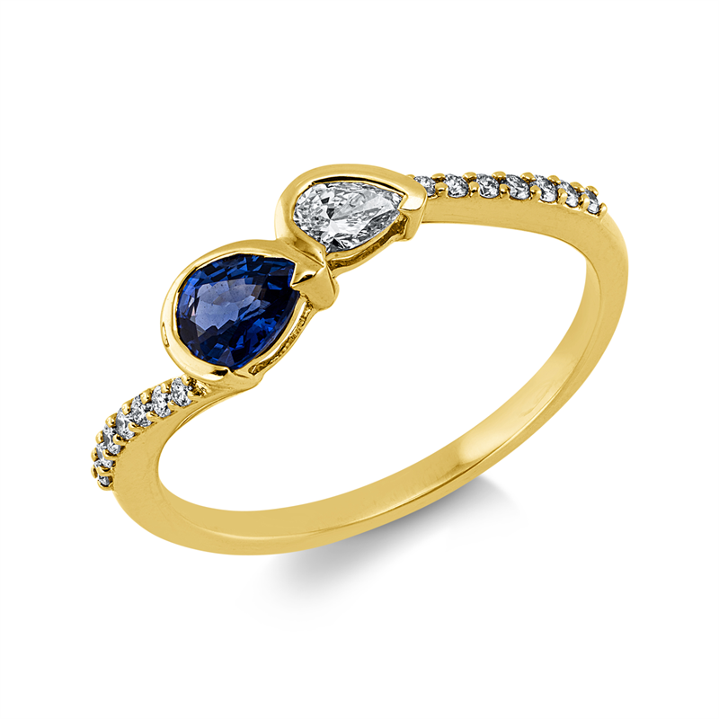 Ring 18 kt GG, 1 Tropfen 0,11 ct, TW-vsi, 14 Brill. 0,07 ct, TW-si, 1 Saphir 0,42 ct blau