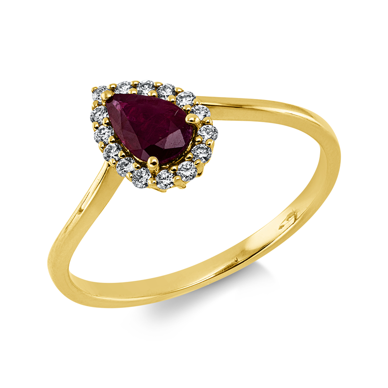 Ring 18 kt GG, 15 Brill. 0,11 ct, TW-si, 1 Rubin 0,46 ct rot