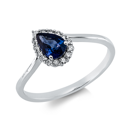 Ring 18 kt WG, 15 Brill. 0,12 ct, TW-si, 1 Saphir 0,63 ct blau