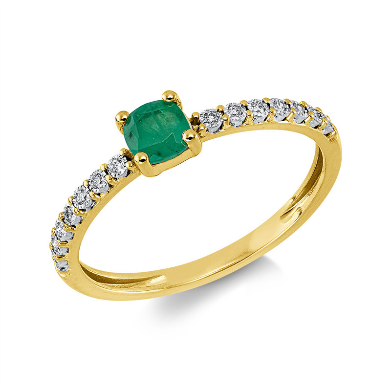 Ring 18 kt GG+WG, 14 Brill. 0,05 ct, TW-si, 1 Smaragd 0,28 ct grün