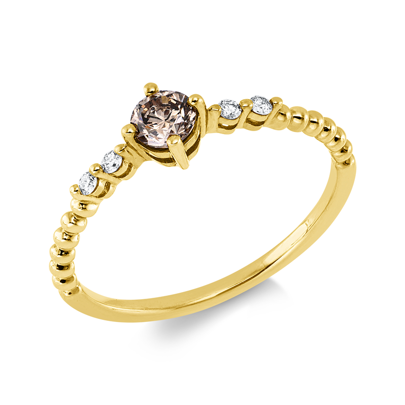 Ring 18 kt GG, 4 Brill. 0,05 ct, TW-pi, 1 Brill. 0,25 ct, braun