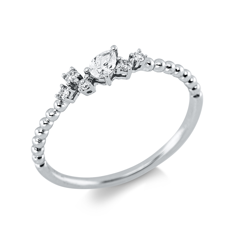 Ring 18 kt WG, 5 Brill. 0,06 ct, TW-pi, 1 Tropfen 0,10 ct, TW-vsi