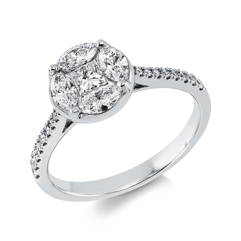 Ring 18 kt WG, 1  Princ. 0,17 ct, TW-vsi, 18 Brill. 0,12 ct, TW-si, 4 Nav. 0,46 ct, TW-vsi