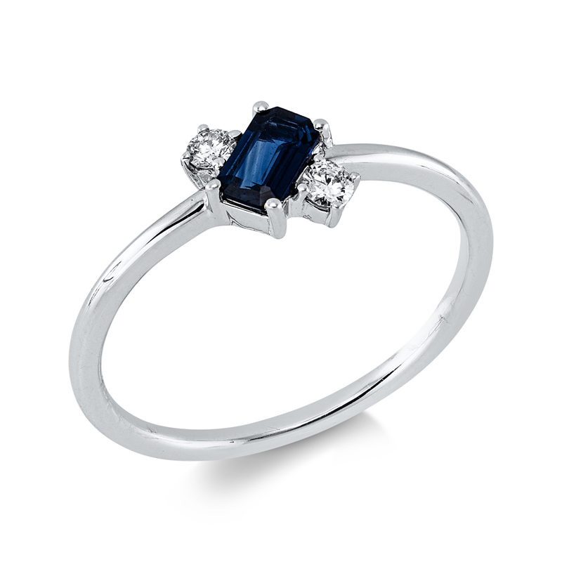 Ring 18 kt WG, 2 Brill. 0,08 ct, TW-pi, 1 Saphir 0,32 ct blau