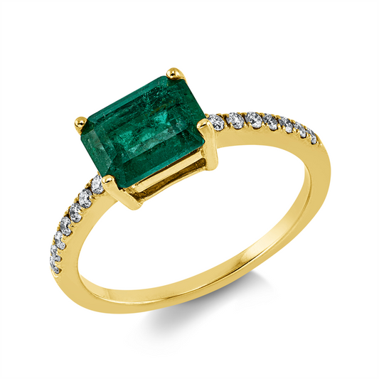 Ring 18 kt GG, 14 Brill. 1,22 ct, TW-si, 1 Smaragd 1,41 ct grün