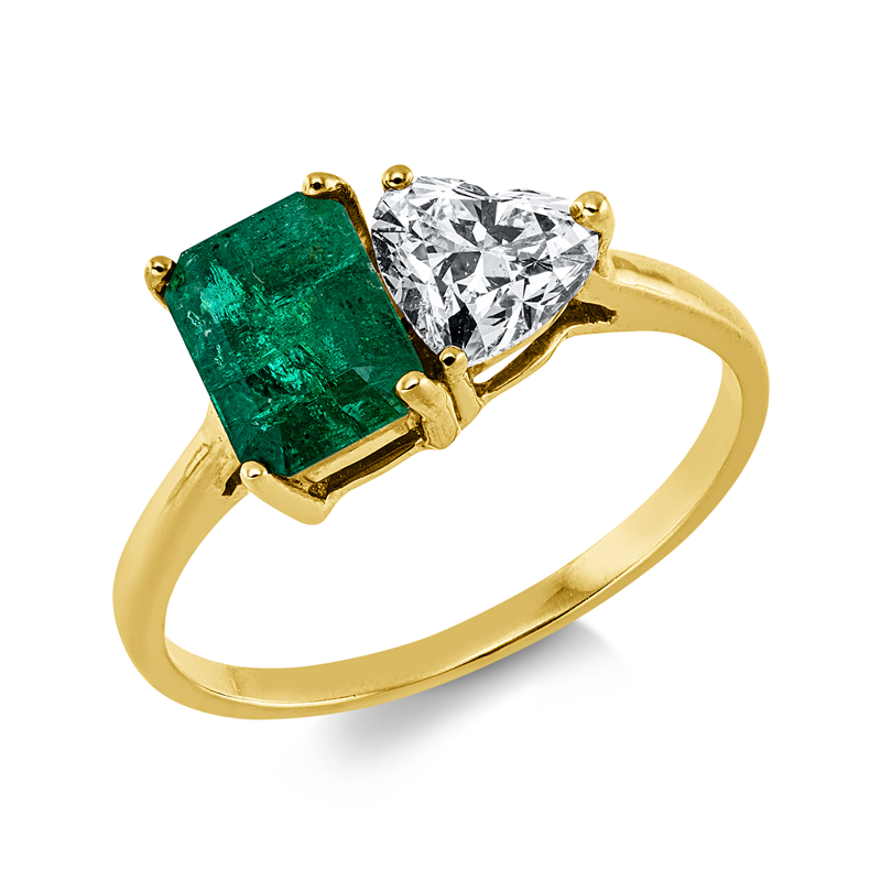Ring 18 kt GG, 1 Herzschl. 0,50 ct, TW-vsi, 1 Smaragd 0,79 ct grün