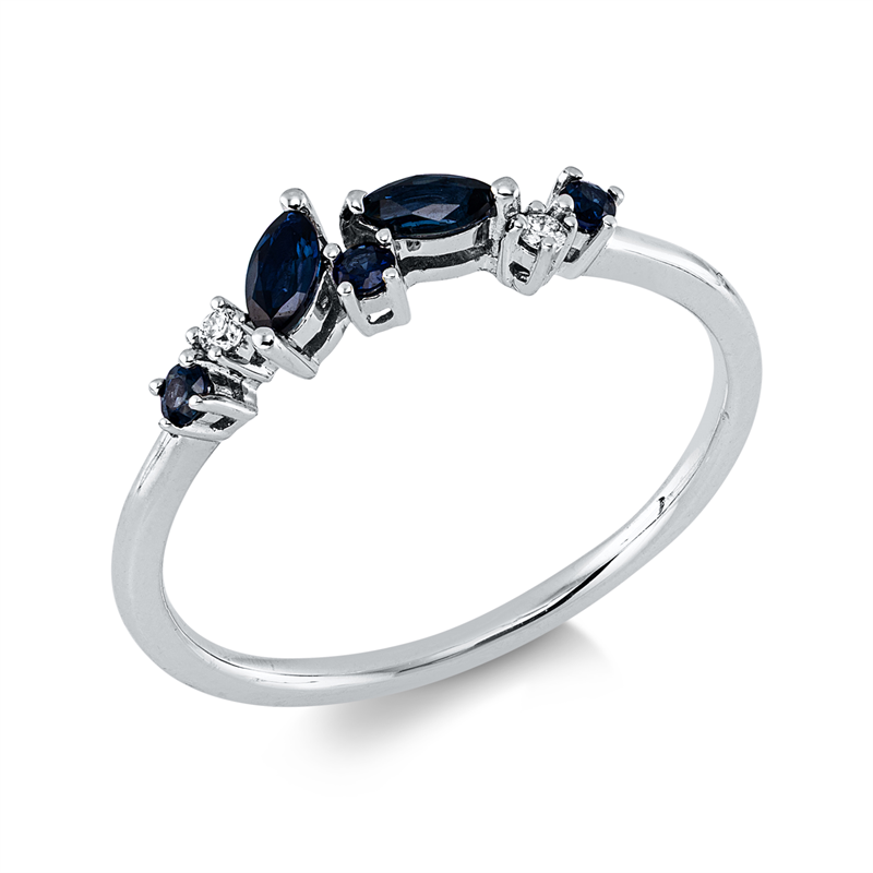 Ring 18 kt WG, 2 Brill. 0,03 ct, TW-si, 3 Saphire 0,07 ct blau, 2 Saphire 0,18 ct blau