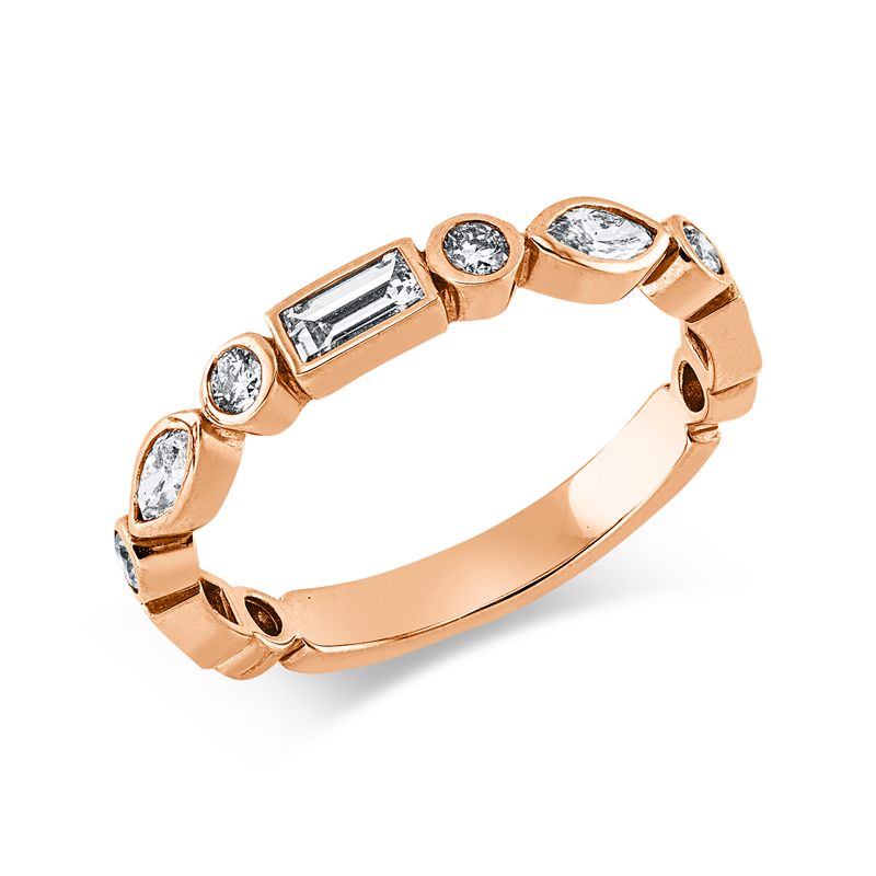 Ring 14 kt RG, 3 Bag. 0,28 ct, TW-vsi, 2 Nav. 0,19 ct, TW-vsi, 6 Brill. 0,20 ct, TW-si