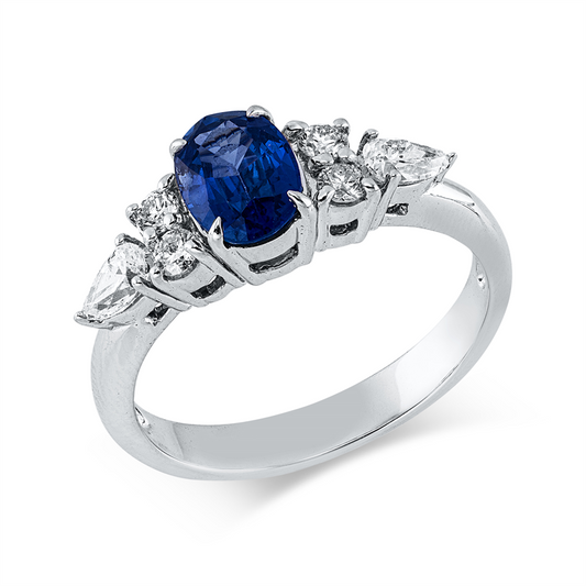 Ring 18 kt WG, 2 Tropfen 0,27 ct, TW-vsi, 4 Brill. 0,17 ct, TW-si, 1 Saphir 1,00 ct blau