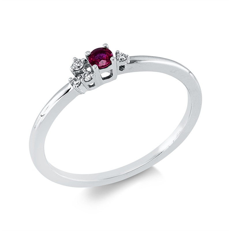 Ring 18 kt WG, 3 Brill. 0,02 ct, TW-pi, 1 Brill. 0,01 ct, TW-pi, 1 Rubin 0,08 ct rot