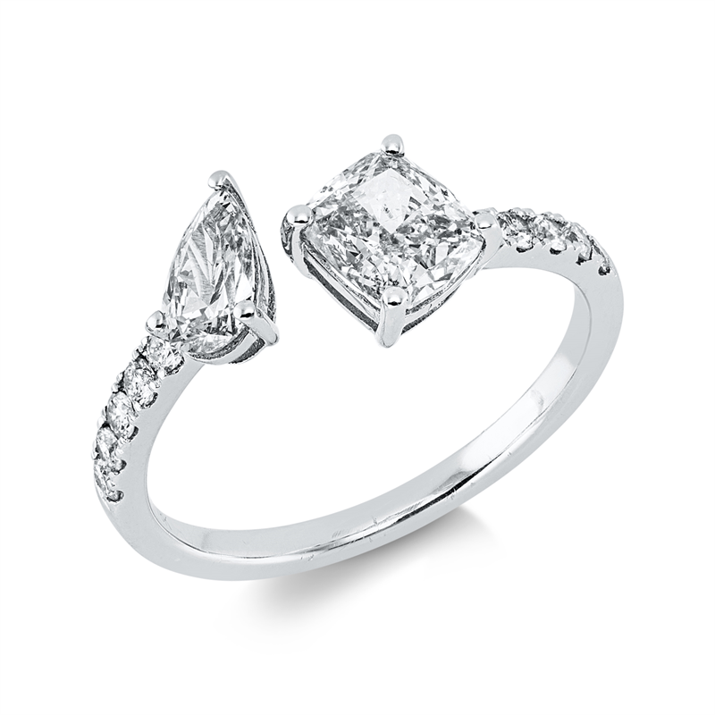Ring 18 kt WG, 1 Tropfen 0,33 ct, TLB-vsi, 1 Cushion 1,01 ct, TLB-vsi, 10 Brill. 0,20 ct, TW-si