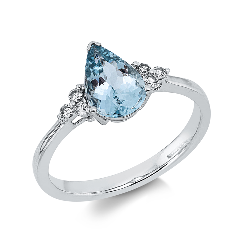 Ring 18 kt WG, 6 Brill. 0,09 ct, F-si, 1 Aquamarin 0,93 ct blau