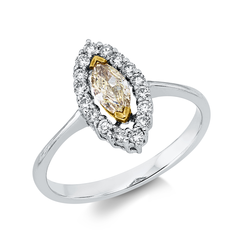 Ring 18 kt WG+GG, 16 Brill. 0,20 ct, TW-si, 1 Nav. 0,29 ct, gelb