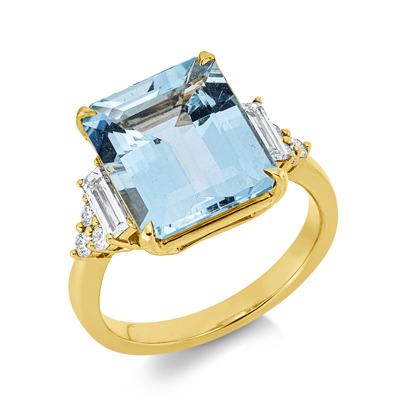 Ring 18 kt GG, 2 Bag. 0,34 ct, TW-si, 6 Brill. 0,14 ct, TW-si, 1 Aquamarin 4,89 ct blau