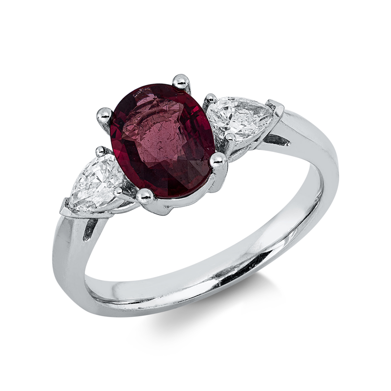 Ring 18 kt WG, 2 Tropfen 0,37 ct, TW-si, 1 Rubin 1,36 ct rot