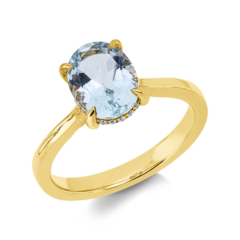 Ring 18 kt GG, 20 Brill. 0,07 ct, TW-si, 1 Aquamarin 1,60 ct blau
