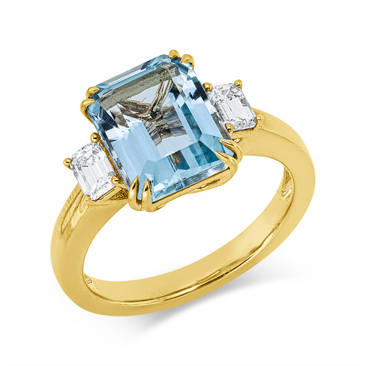 Ring 18 kt GG, 2 Sm.schliff 0,40 ct, TW-si, 1 Aquamarin 3,12 ct blau