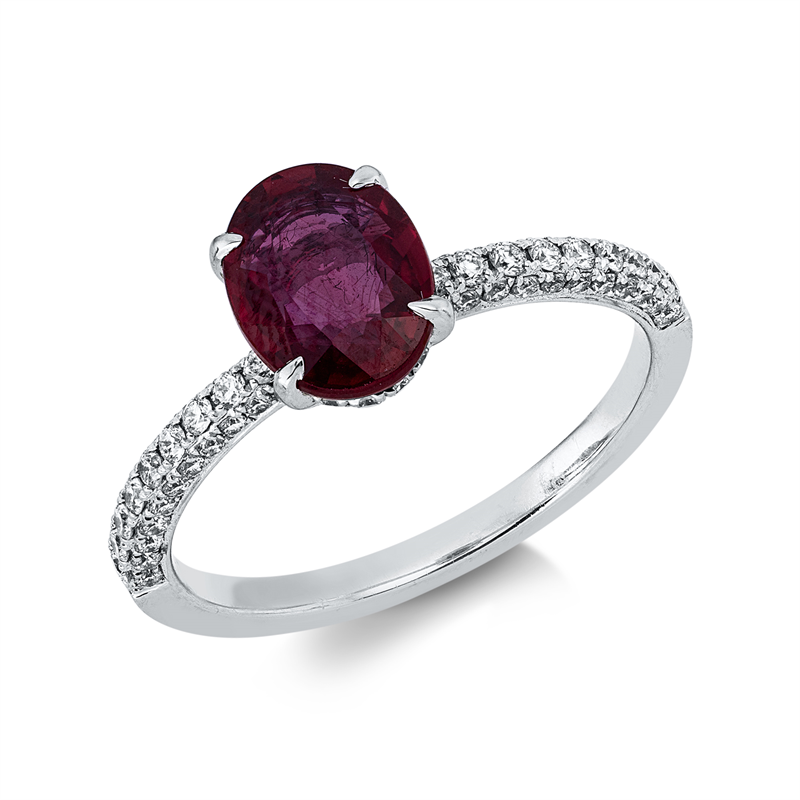 Ring 18 kt WG, 82 Brill. 0,41 ct, TW-si, 1 Rubin 1,48 ct rot