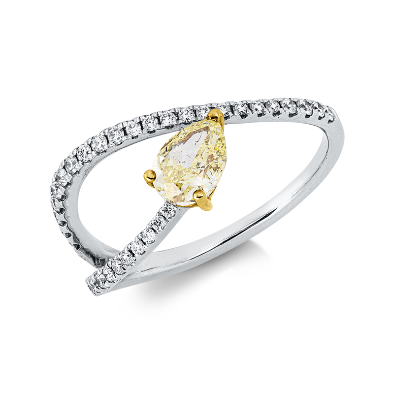 Ring 18 kt WG+GG, 35 Brill. 0,24 ct, F-vsi, 1 Tropfen 0,58 ct, gelb