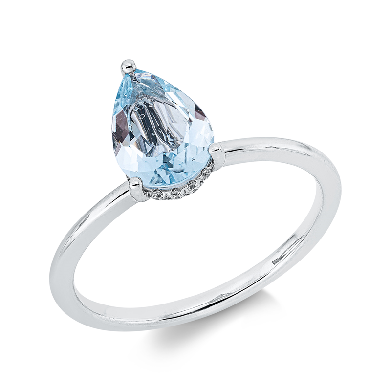 Ring 18 kt WG, 16 Brill. 0,09 ct, TW-si, 1 Aquamarin 0,80 ct blau