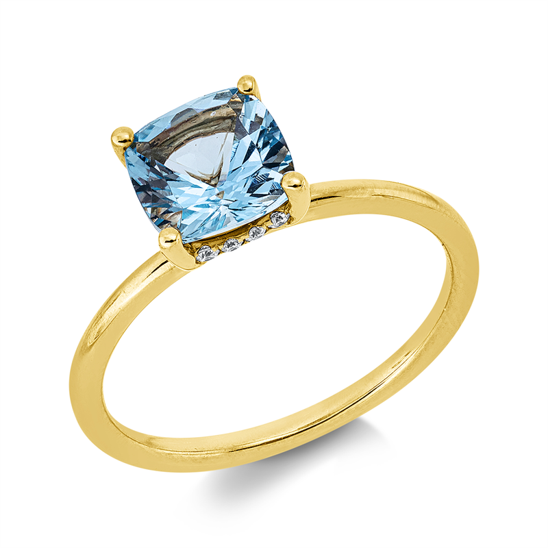 Ring 18 kt GG, 16 Brill. 0,09 ct, TW-si, 1 Aquamarin 1,14 ct blau