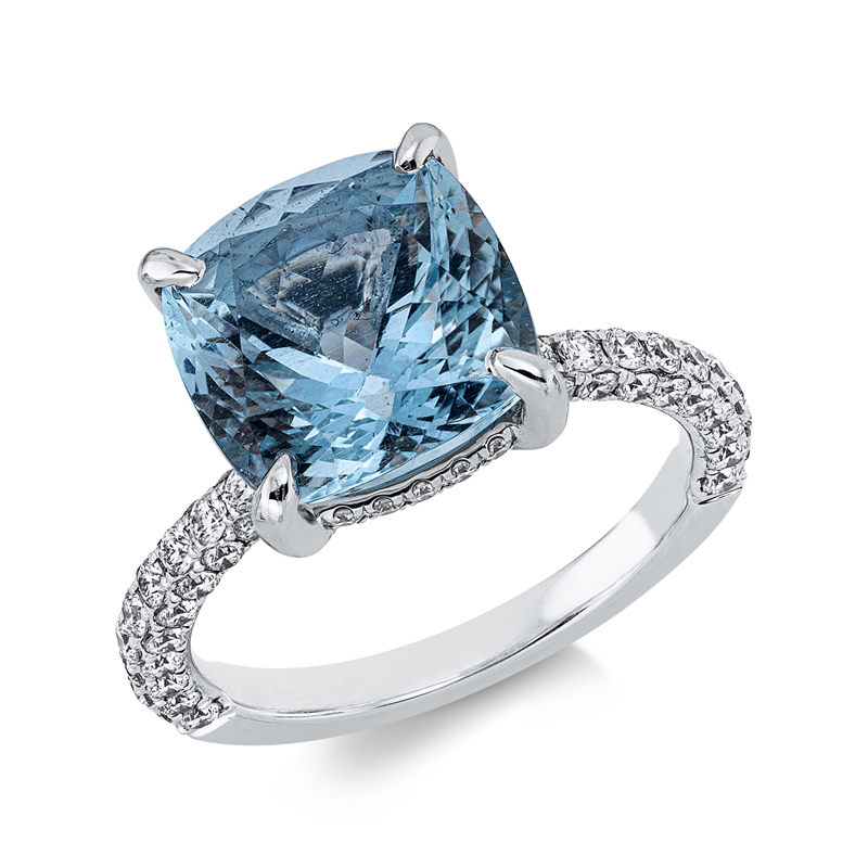 Ring 18 kt WG, 90 Brill. 0,97 ct, TW-si, 1 Aquamarin 4,64 ct blau