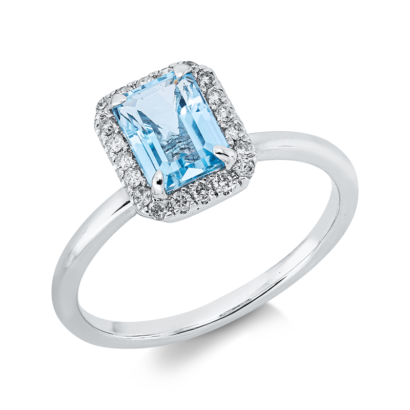 Ring 18 kt WG, 20 Brill. 0,15 ct, F-si/pi, 1 Topas 1,23 ct sky blue