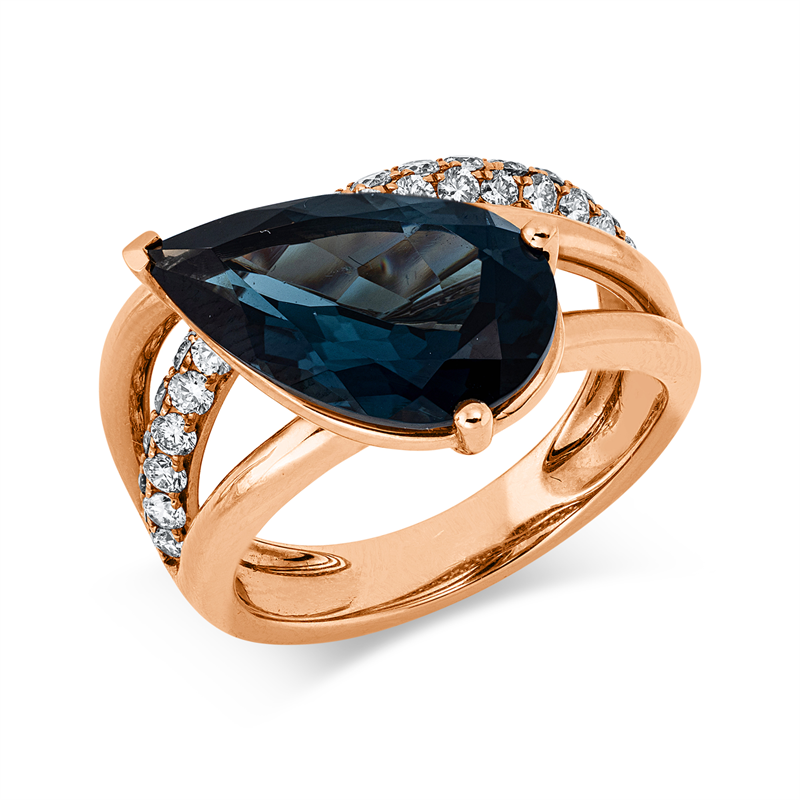 Ring 18 kt RG, 35 Brill. 0,61 ct, W-si, 1 Topas 4,46 ct Lond. blue
